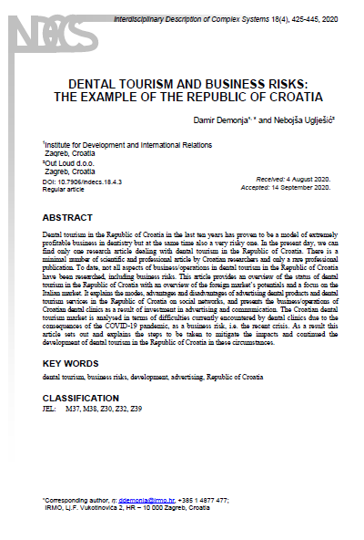 Scientific paper „Dental Tourism and Business Risks: the Example of the Republic of Croatia“