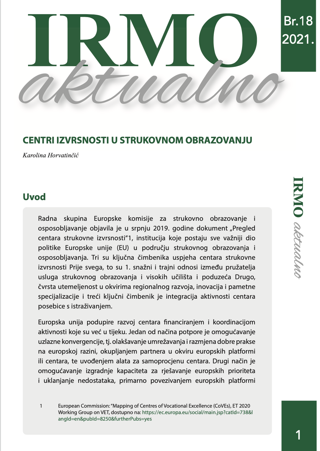 IRMO aktualno “Centri izvrsnosti u strukovnom obrazovanju”