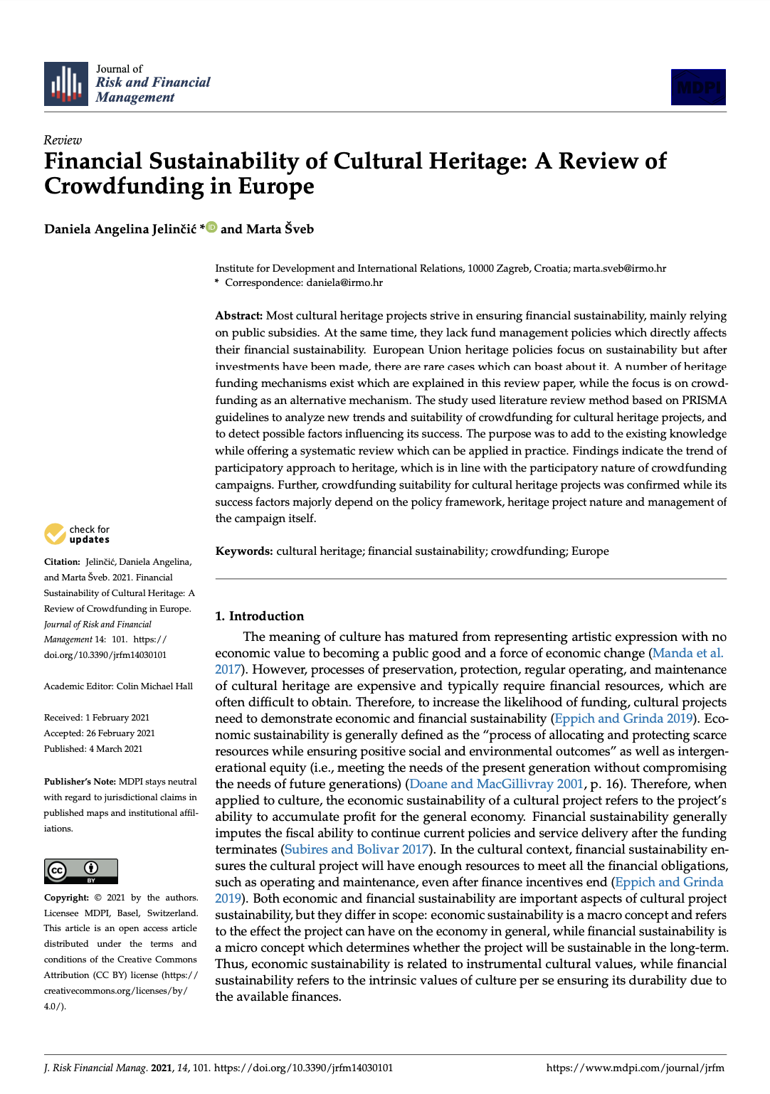 Rad „Financial Sustainability of Cultural Heritage: A Review of Crowdfunding in Europe“