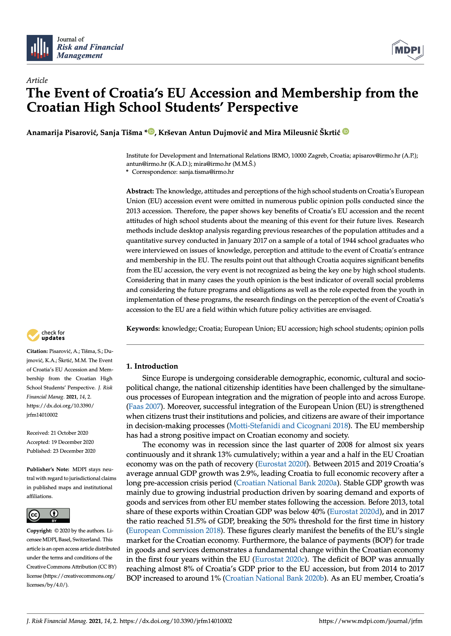 Članak “The Event of Croatia’s EU Accession and Membership from the Croatian High School Students’ Perspective”