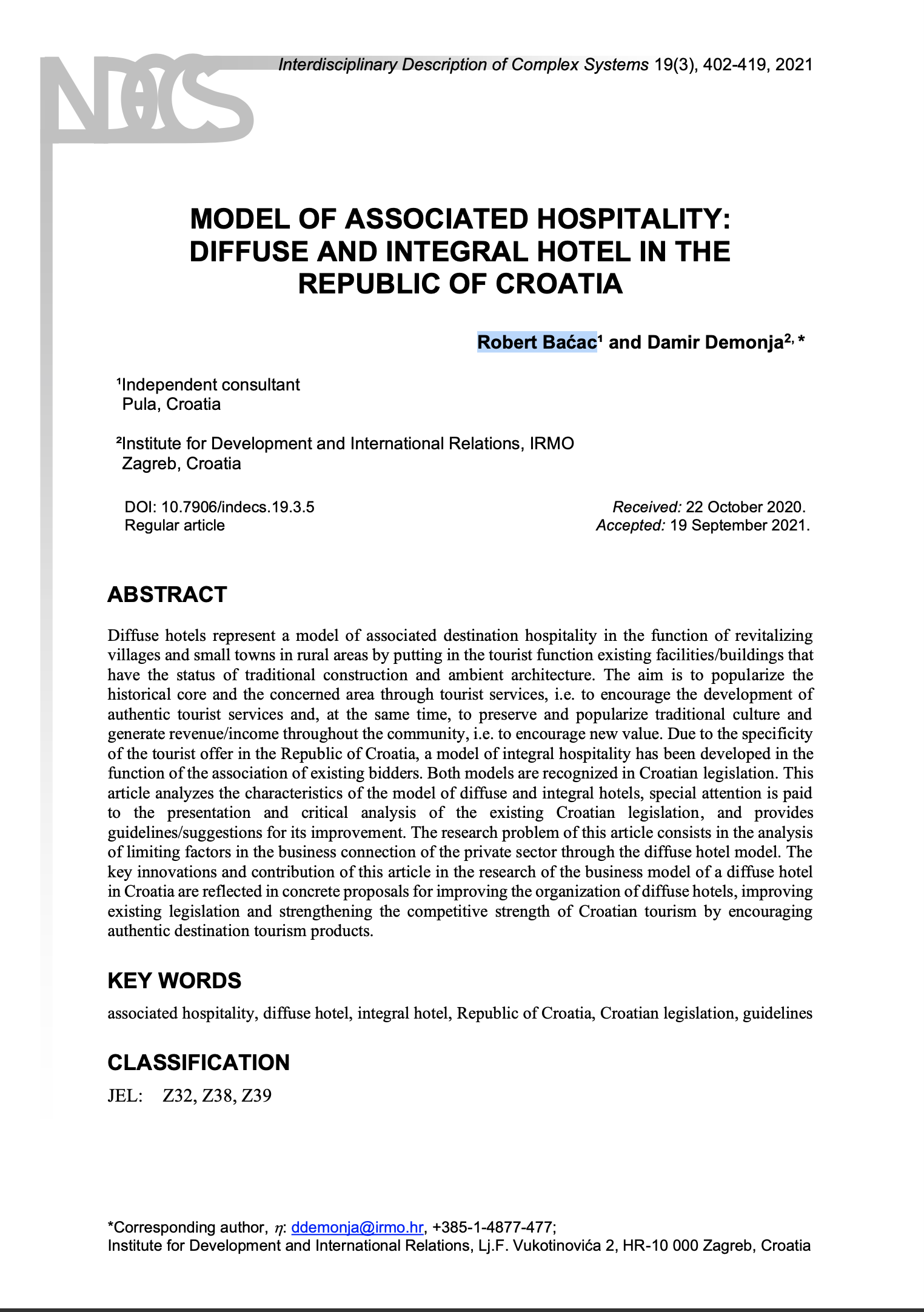 Znanstveni članak “Model of Associated Hospitality: Diffuse and Integral Hotel in the Republic of Croatia”