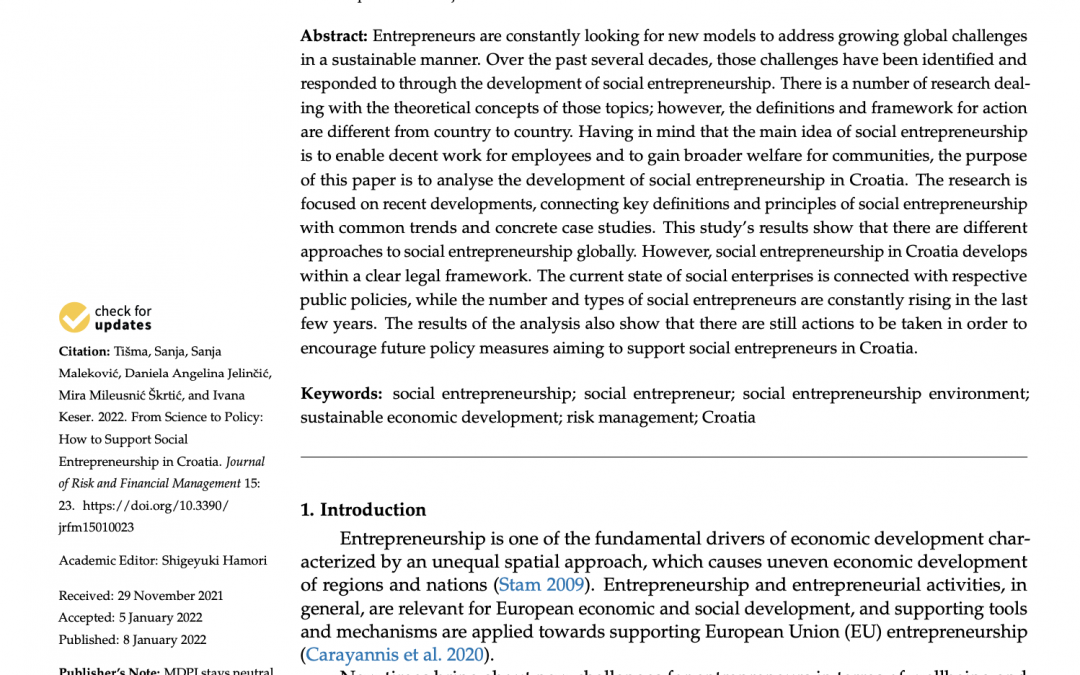 Article: From Science to Policy: How to Support Social Entrepreneurship in Croatia