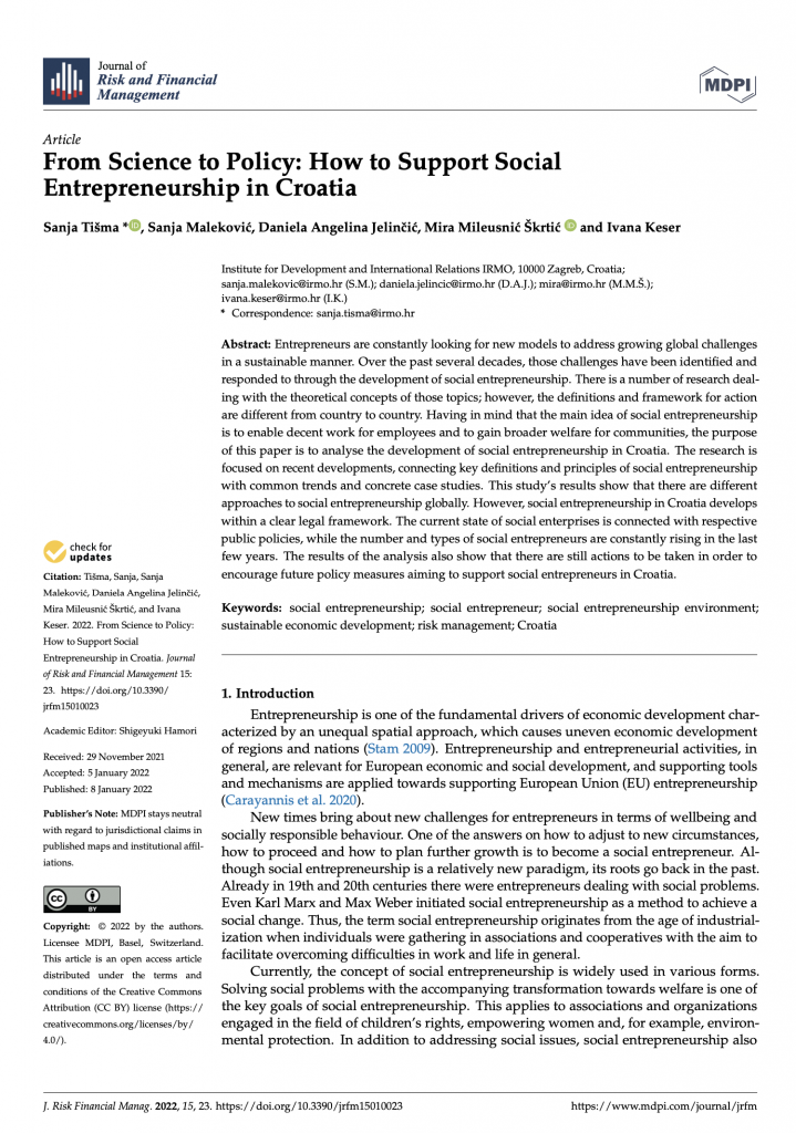 Članak: From Science to Policy: How to Support Social Entrepreneurship in Croatia