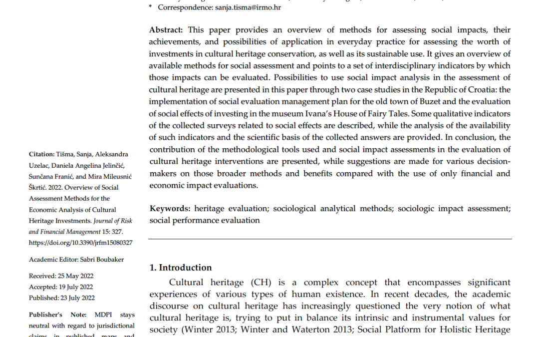 Znanstveni članak „Overview of Social Assessment Methods for the Economic Analysis of Cultural Heritage Investments”
