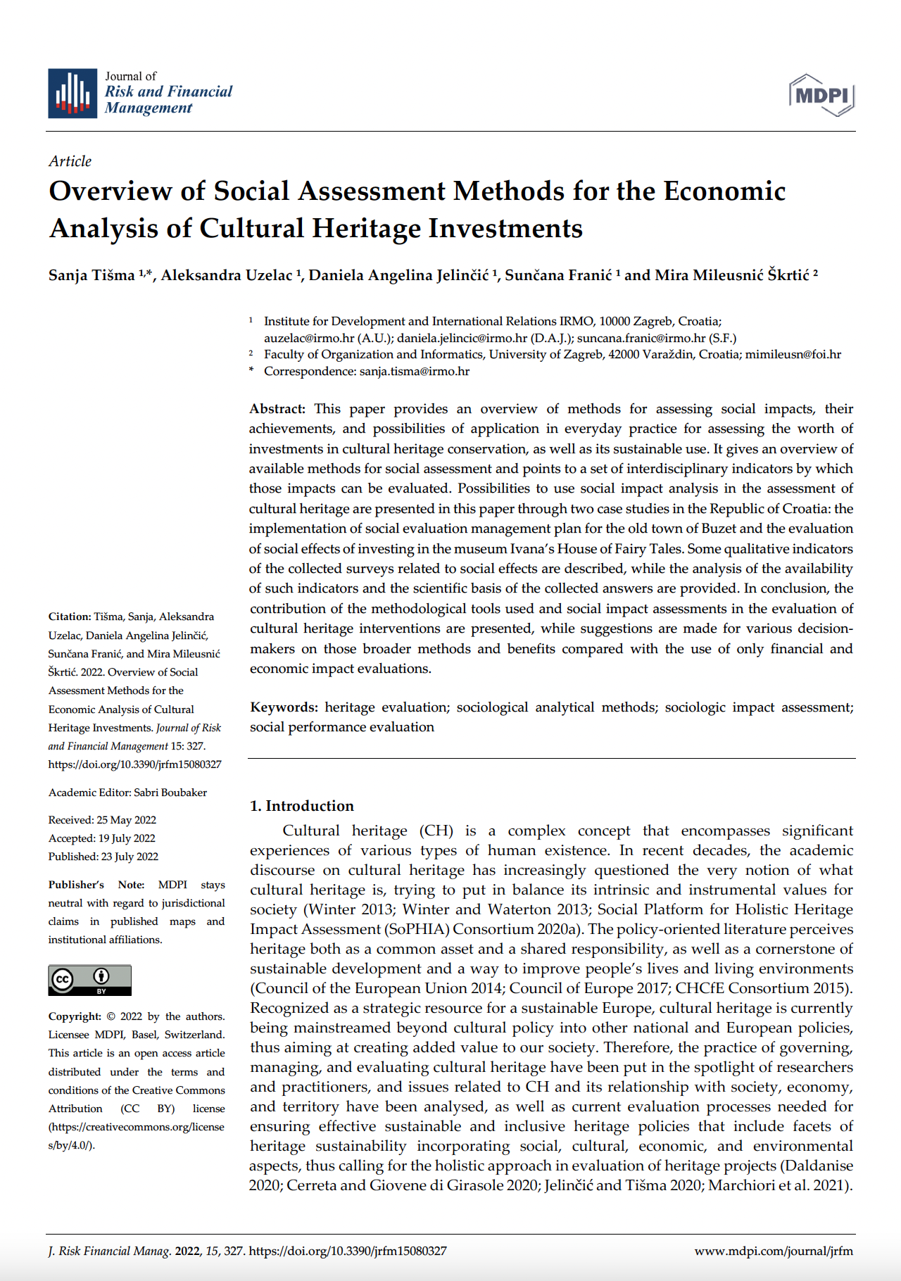 Znanstveni članak „Overview of Social Assessment Methods for the Economic Analysis of Cultural Heritage Investments”