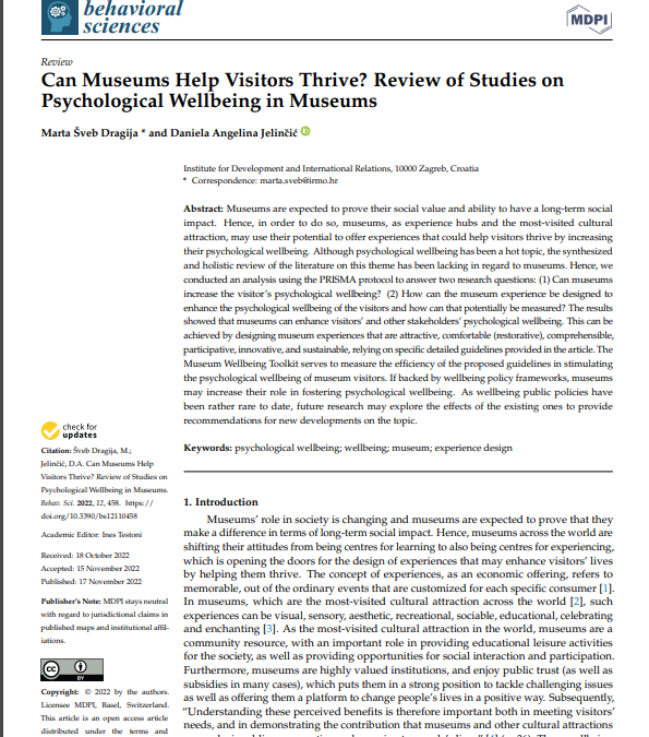 Članak “Can Museums Help Visitors Thrive? Review of Studies on Psychological Wellbeing in Museums”