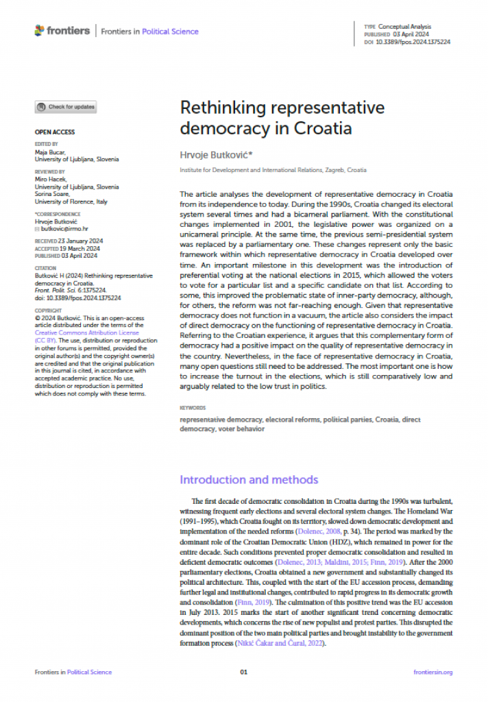 Znanstveni članak “Rethinking representative democracy in Croatia”