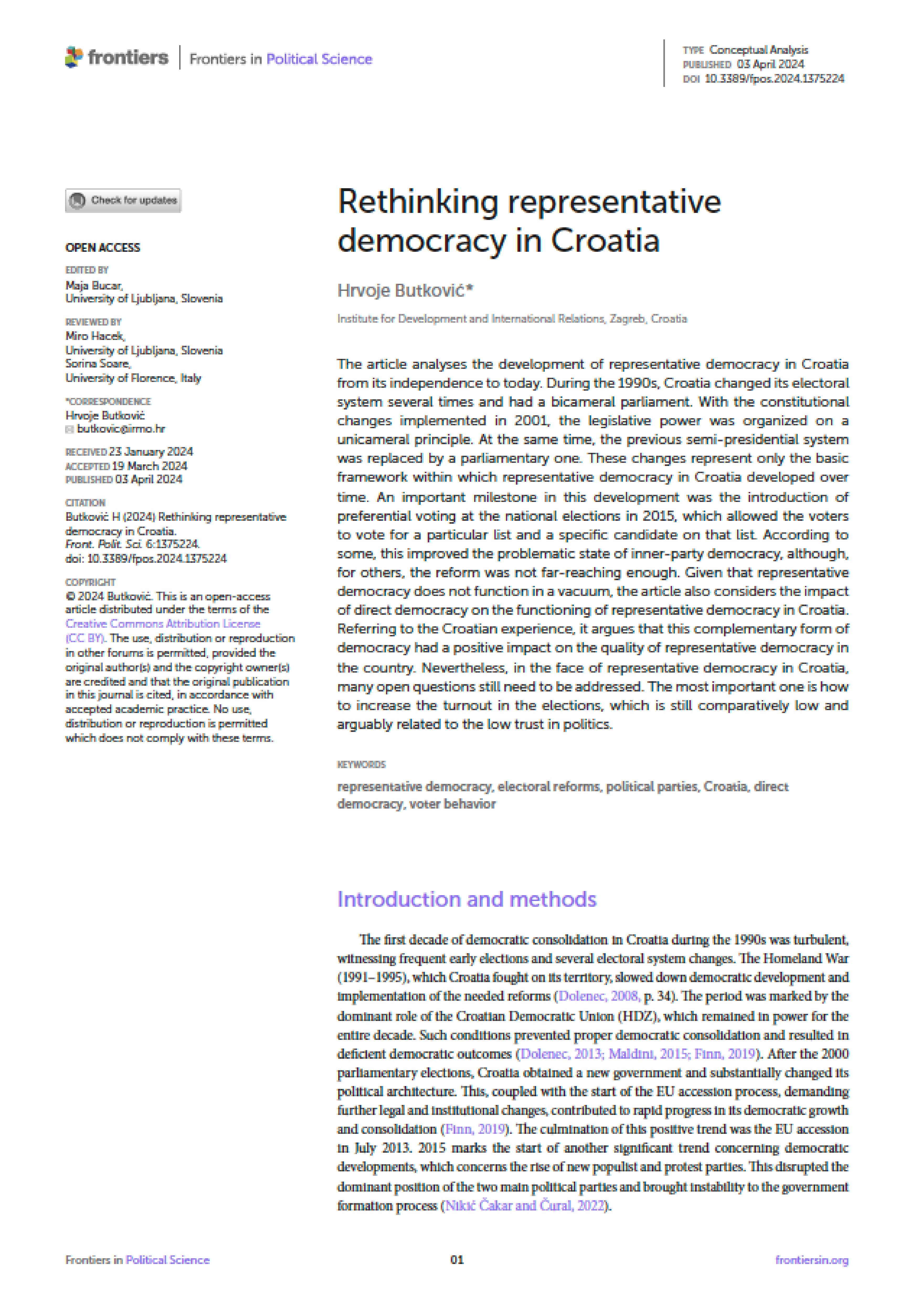 Znanstveni članak “Rethinking representative democracy in Croatia”
