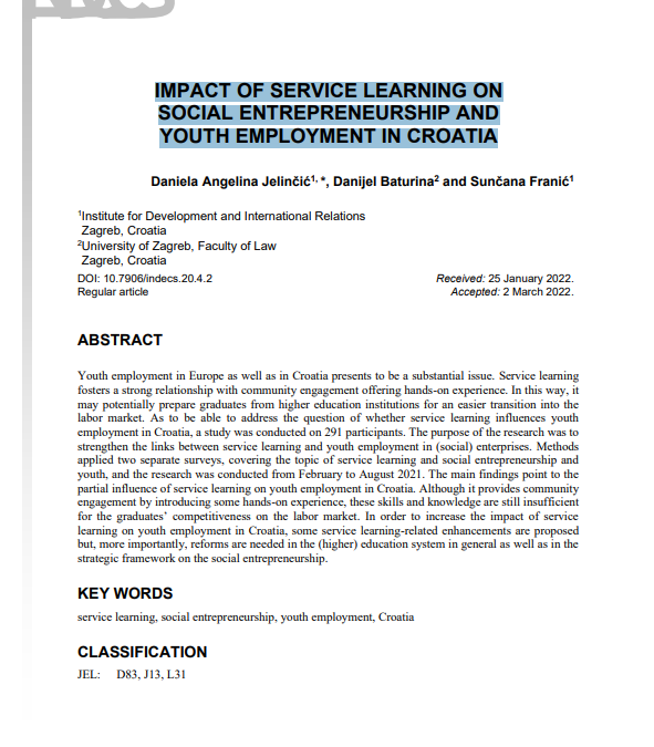 Article “Impact of Service Learning on Social Entrepreneurship and Youth Employment in Croatia”