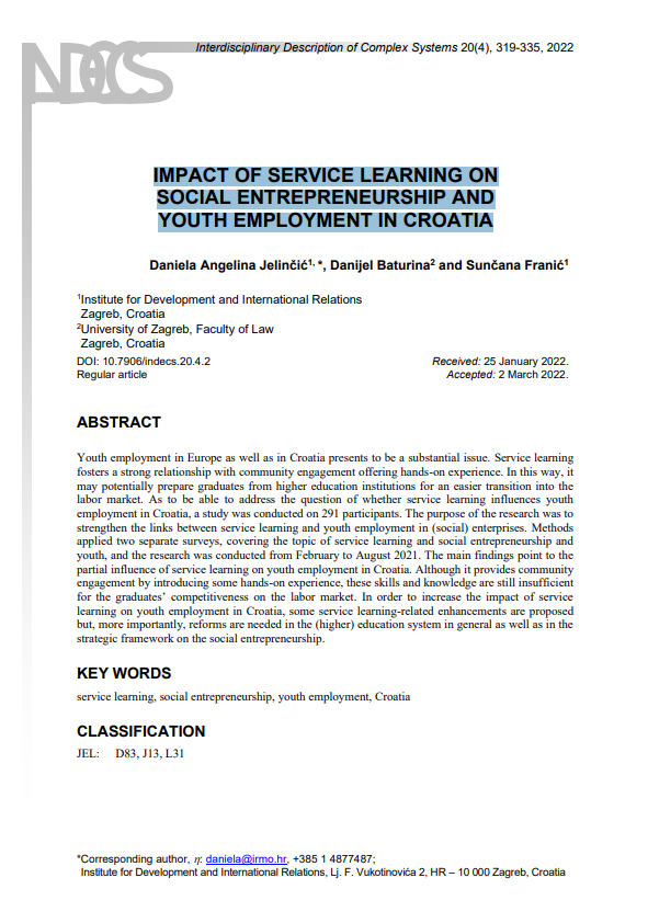 Članak “Impact of Service Learning on Social Entrepreneurship and Youth Employment in Croatia”
