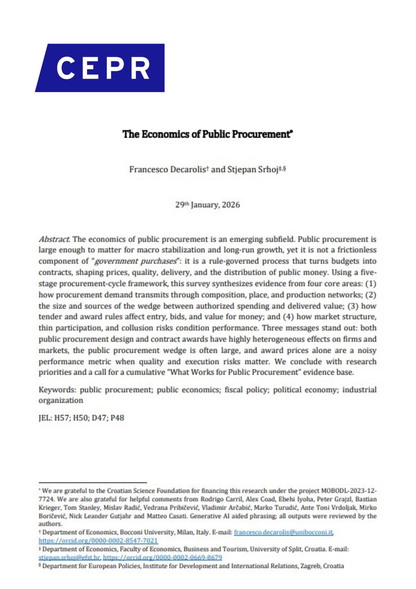 CEPR Discussion Paper on the Economics of Public Procurement