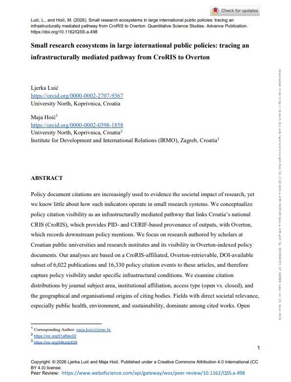 Article “Small research ecosystems in large international public policies: tracing an infrastructurally mediated pathway from CroRIS to Overton”