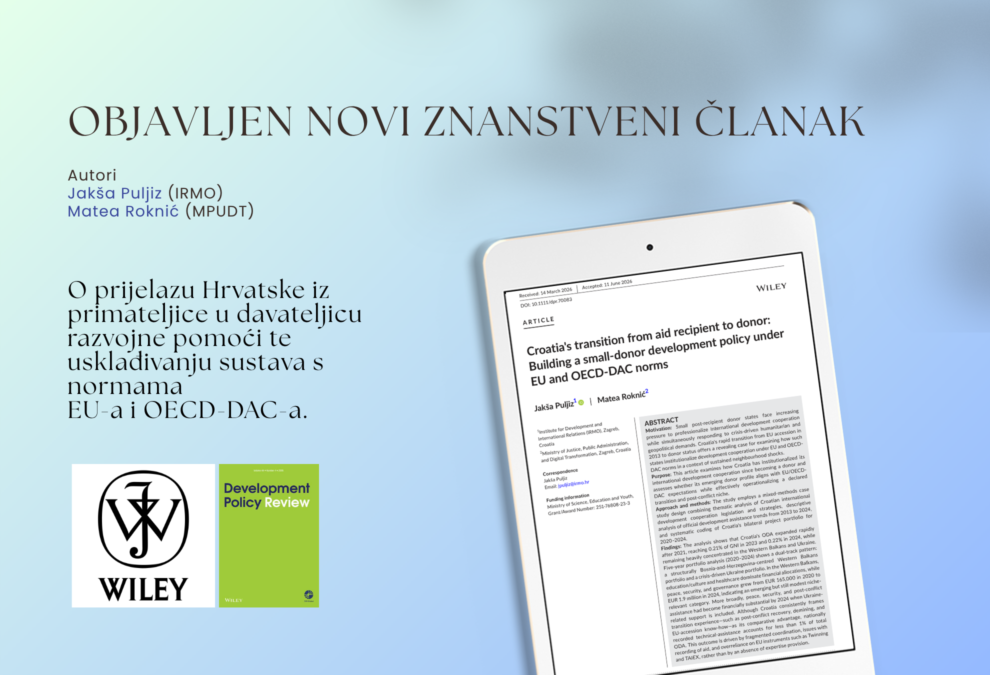 Scientific Article on the Republic of Croatia’s International Development Cooperation Policy Published