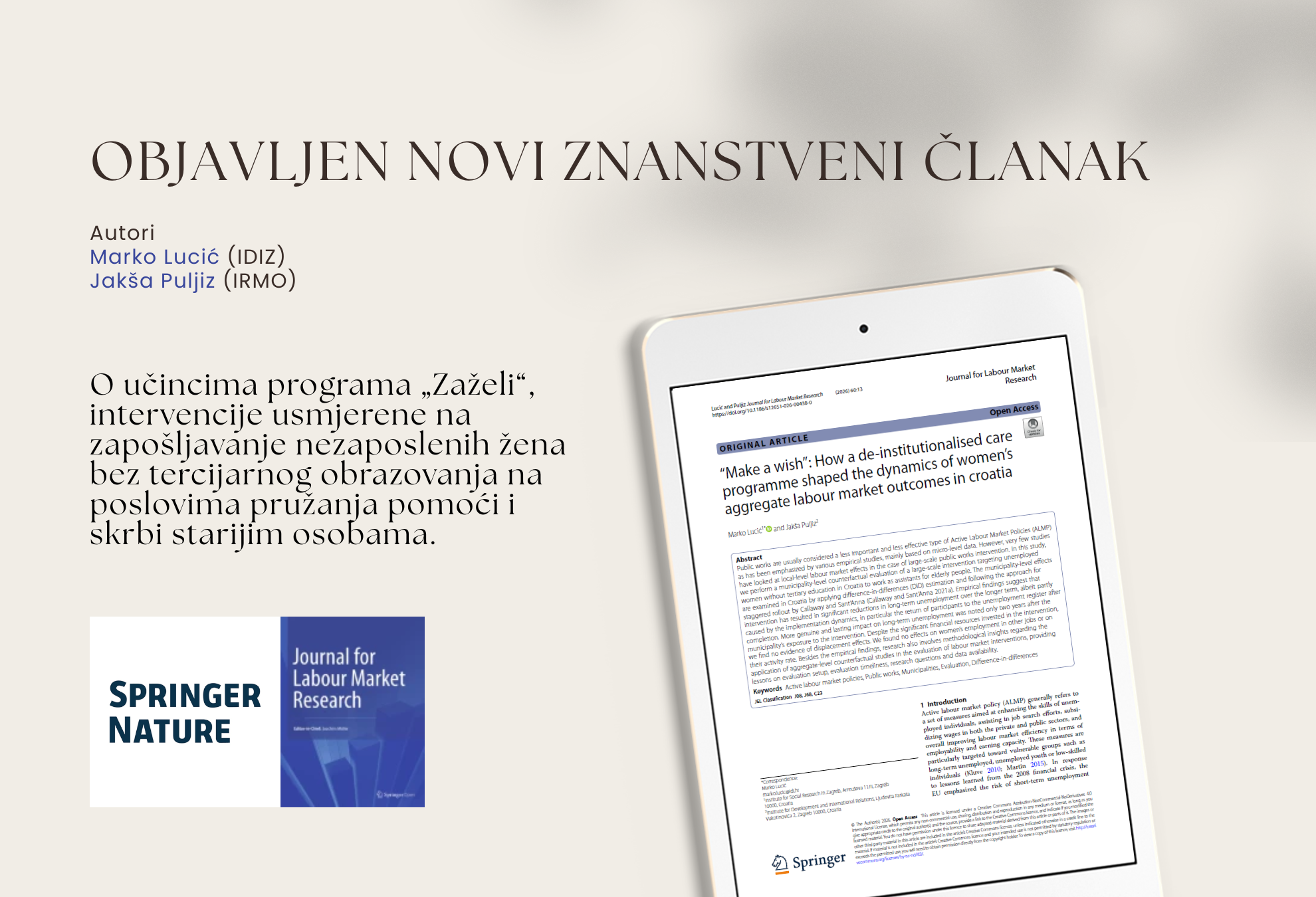 Objavljen rad o učincima programa „Zaželi“ na lokalna tržišta rada