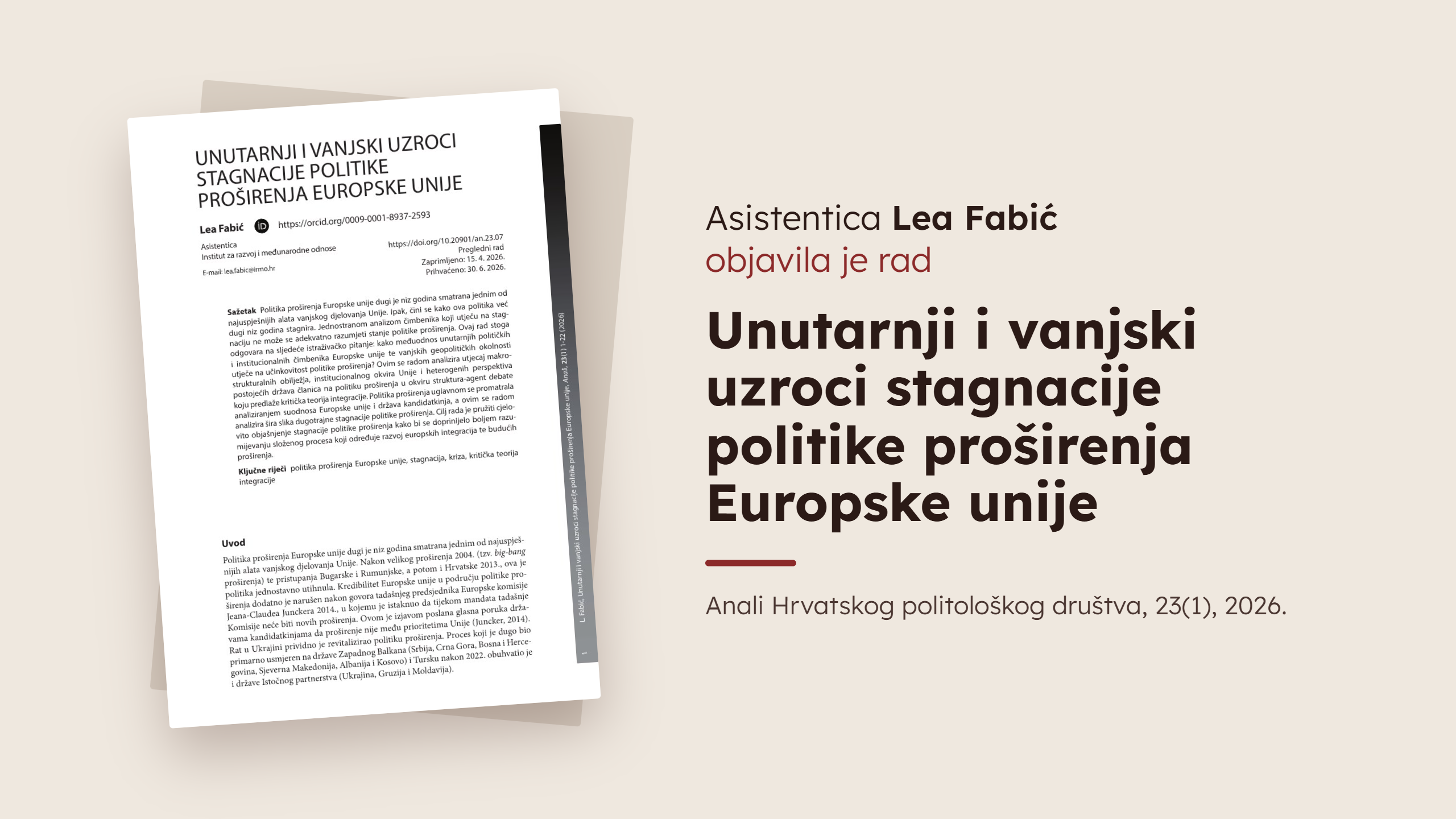 Asistentica Lea Fabić objavila rad u časopisu Anali Hrvatskog politološkog društva