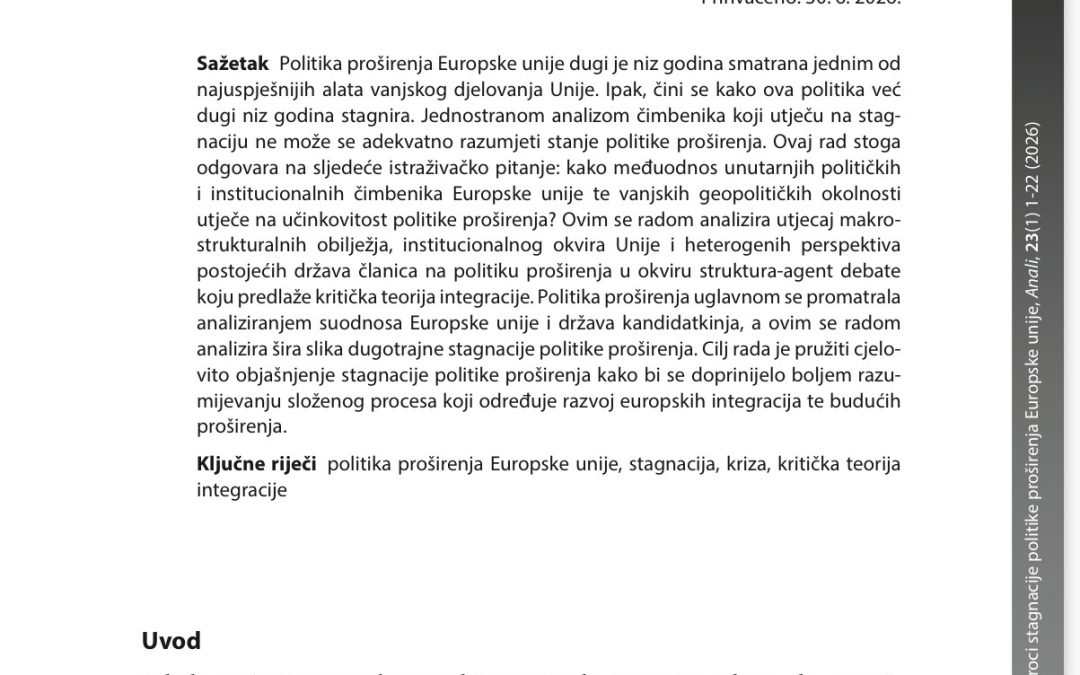 Članak “Unutarnji i vanjski uzroci stagnacije politike proširenja Europske unije“